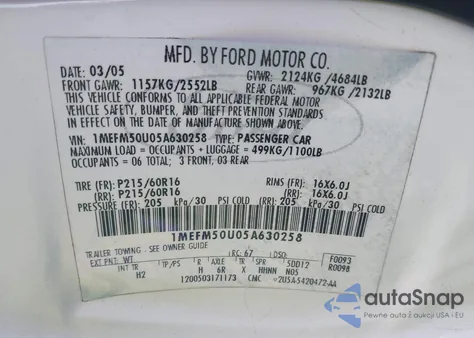 2005 Mercury Sable Gs from USA, damaged, VIN 1MEFM50U05A630258